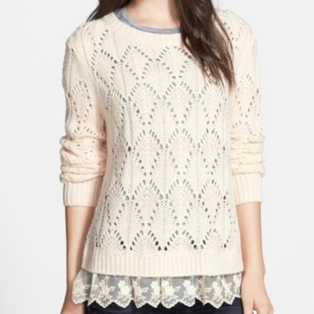 Blush Sweater with Lace Ruffle and back Button Detail